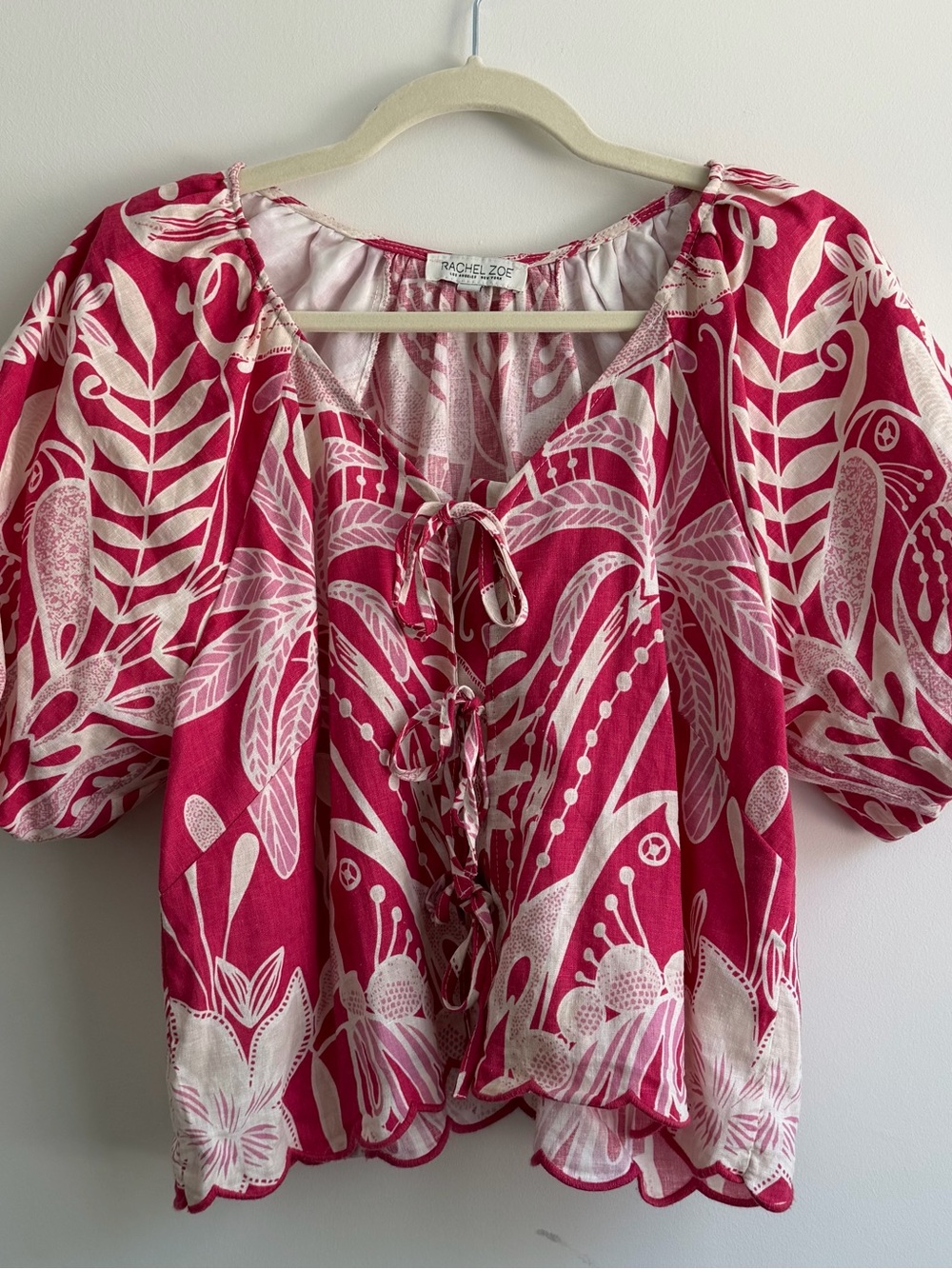 Rachel Zoe Fuchsia & Cream Floral Tie-Front Peasant Blouse